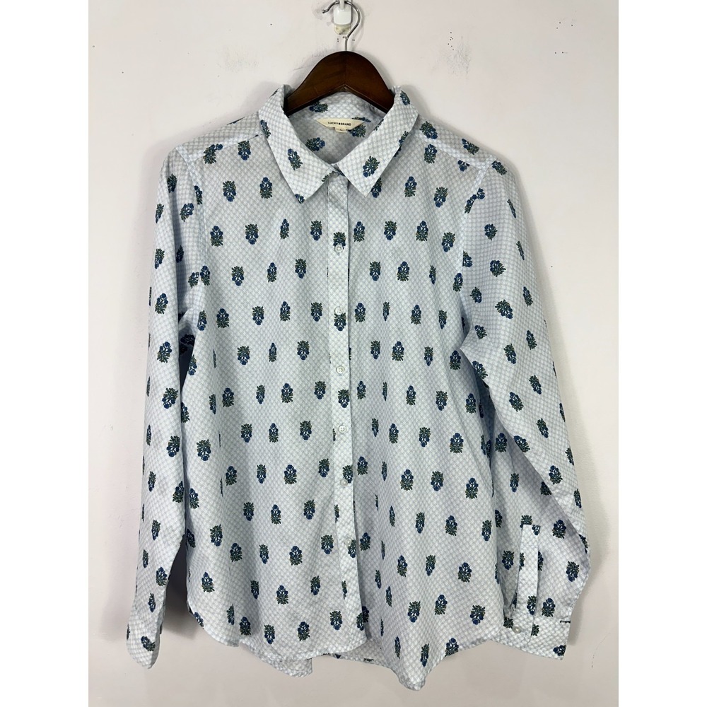 Lucky Brand Womens L Button Up Shirt Blue Floral Print Long Sleeve Cotton Boho